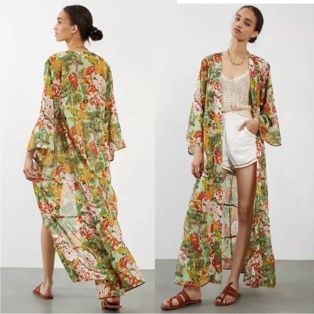Anthropologie Floral Orange and Green Kimono sz OS